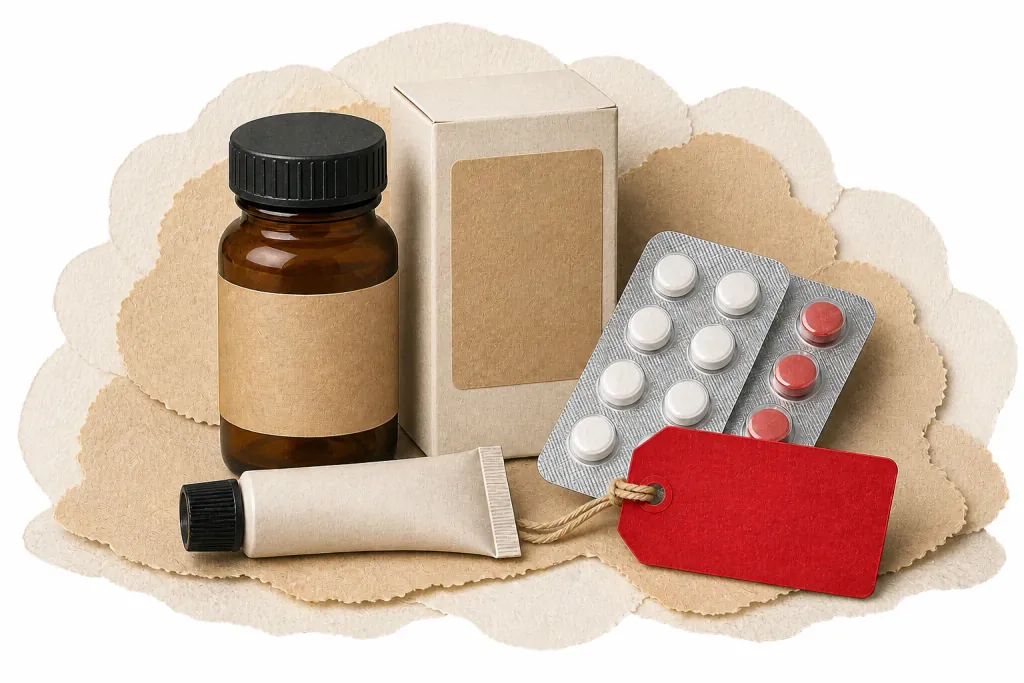 Ilustração editorial de embalagens genéricas de medicamentos, blisters, tubo e etiqueta de preço